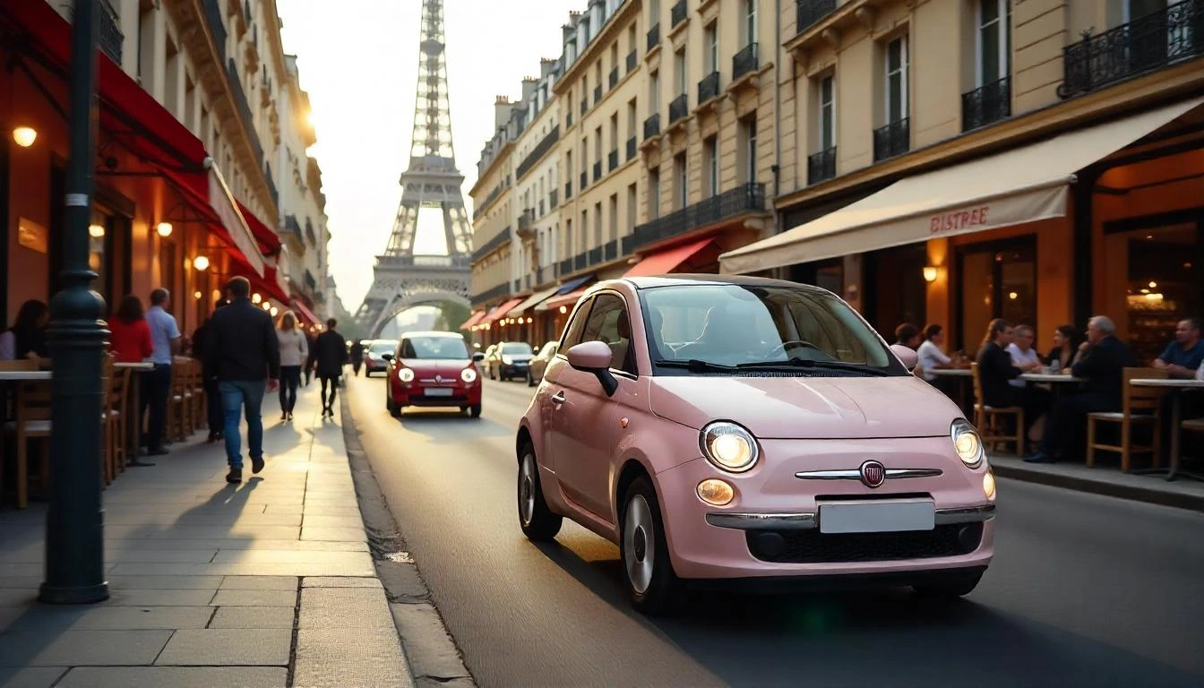 Fiat 500 Électrique : Analyse des Prix et Positionnement sur le Marché Français Une Fiat 500 électrique moderne de couleur pastel se faufile dans les rues animées de Paris. La scène est baignée par une lumière dorée de fin d'après-midi, mettant en valeur l'architecture haussmannienne en arrière-plan, avec la Tour Eiffel visible au loin. Des piétons élégants traversent la rue, des cafés parisiens avec leurs terrasses animées bordent les trottoirs. L'ambiance est dynamique mais chic, capturant le charme unique de la capitale française