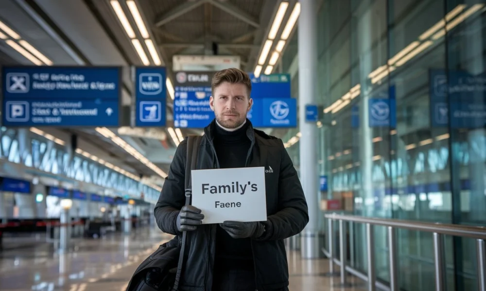 Un chauffeur privé, habillé en noir qui attends une famille à l'intérieur de l'aéroport Orly pour se rendre à Roissy CDG