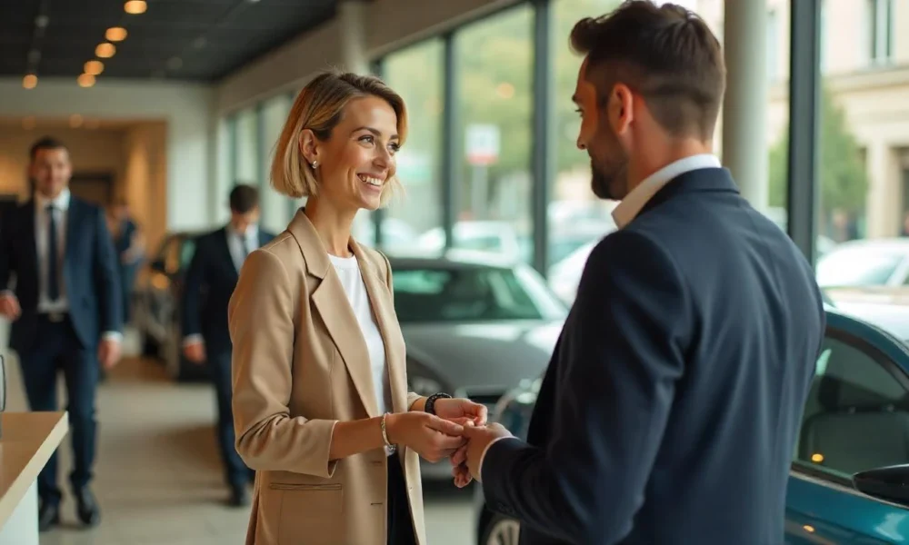 une cliente qui récupère un véhicule dans une agence location ada