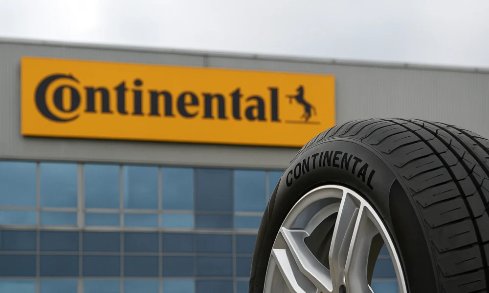 Pneu Continental monté sur jante devant le siège industriel de l'entreprise en Allemagne
