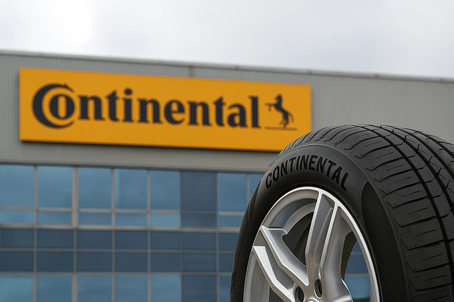 Continental fait un virage stratégique : bientôt uniquement des pneus au programme Pneu Continental monté sur jante devant le siège industriel de l'entreprise en Allemagne