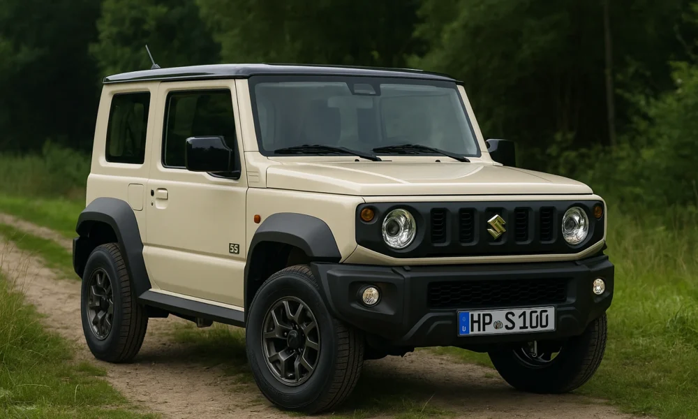 Suzuki Jimny Collector 55e anniversaire en version beige sur chemin forestier