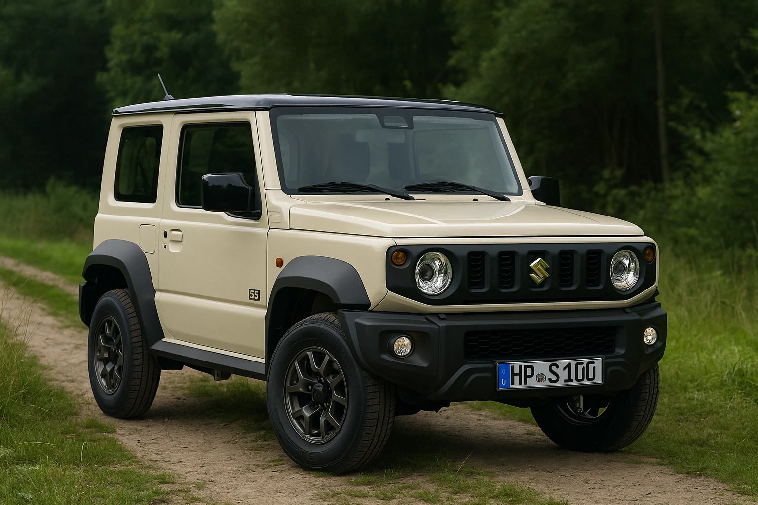 Suzuki Jimny Collector 55e anniversaire en version beige sur chemin forestier
