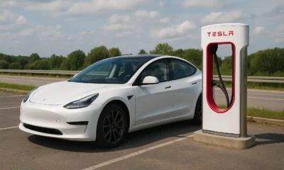 Une Tesla Model 3 blanche en train de se recharger sur une borne Superchargeur Tesla en bord d'autoroute