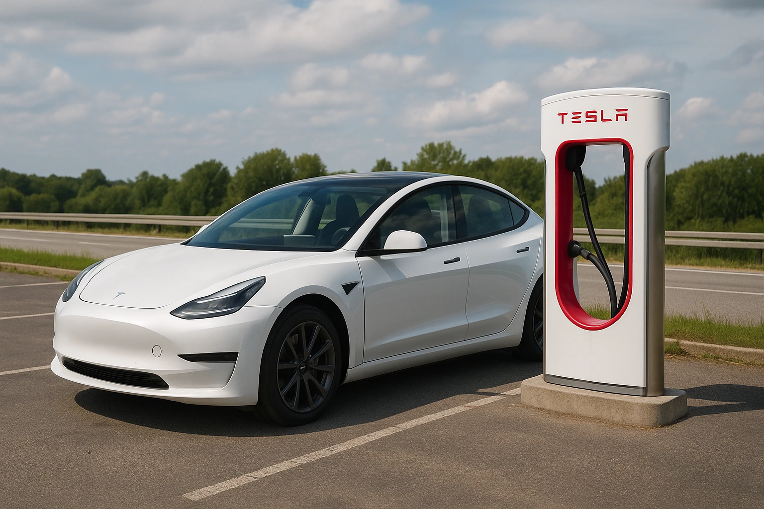 Peut-on recharger une Tesla sur toutes les bornes ? Une Tesla Model 3 blanche en train de se recharger sur une borne Superchargeur Tesla en bord d'autoroute