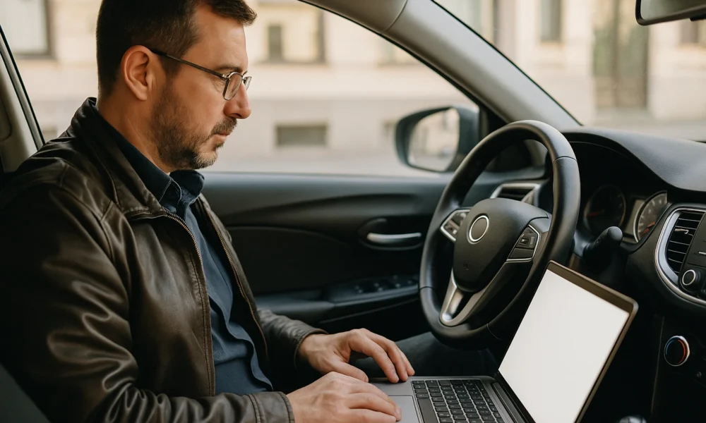 un chauffeur VTC dans son véhicule qui se connecte sur le forum uberzone.fr