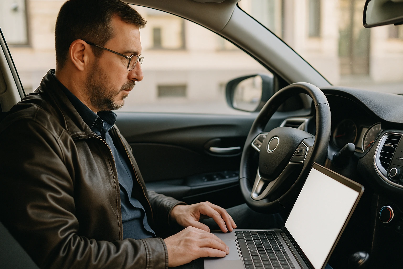 un chauffeur VTC dans son véhicule qui se connecte sur le forum uberzone.fr
