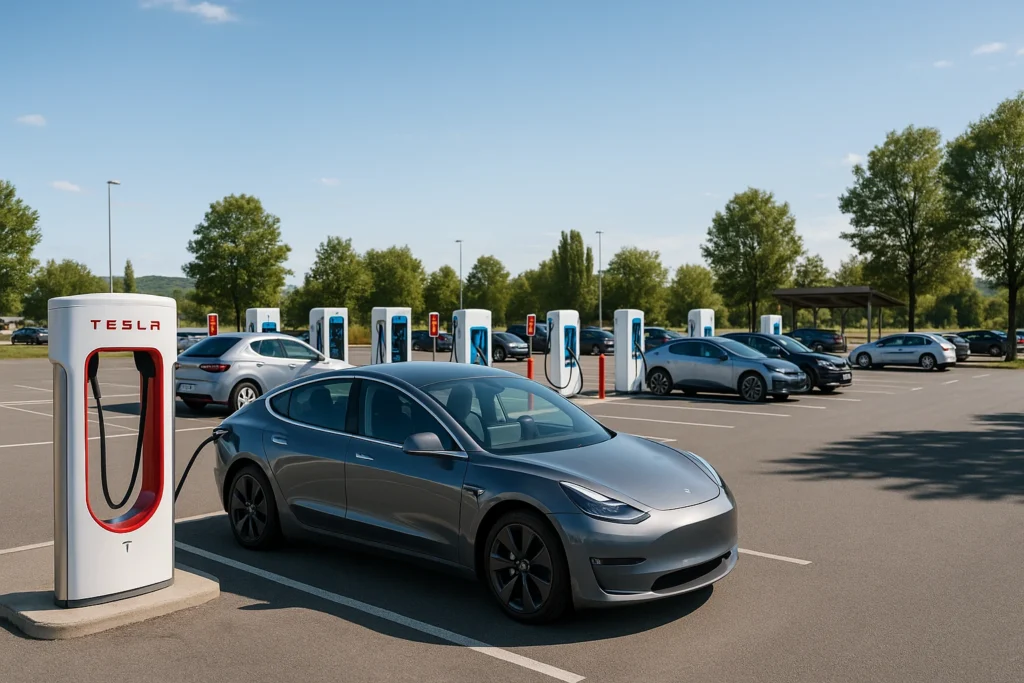 Peut-on recharger une Tesla sur toutes les bornes ? Vue panoramique d'une aire de repos avec plusieurs bornes de recharge (Tesla et autres marques) occupées par différentes voitures électriques, incluant une Tesla en premier plan