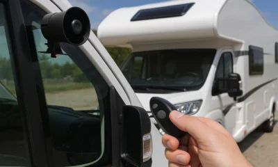 Alarme sans fil installée sur un camping-car blanc avec télécommande