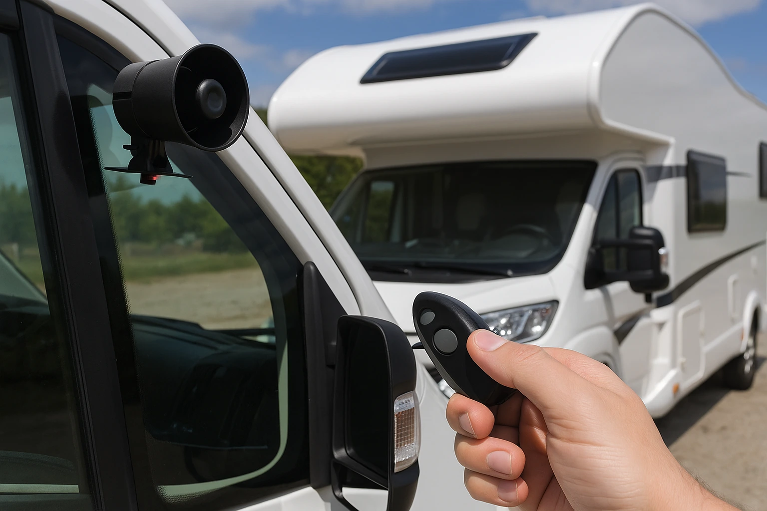 Quelle est la meilleure alarme pour camping-car ? Alarme sans fil installée sur un camping-car blanc avec télécommande