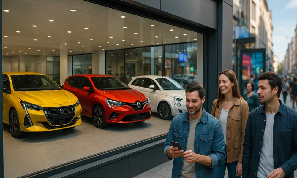 3 personnes qui passe devant la vitrine du showroom autodiscount.fr