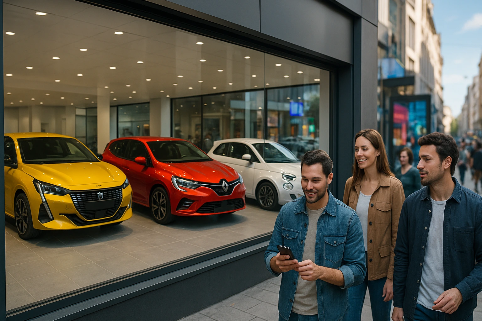 3 personnes qui passe devant la vitrine du showroom autodiscount.fr