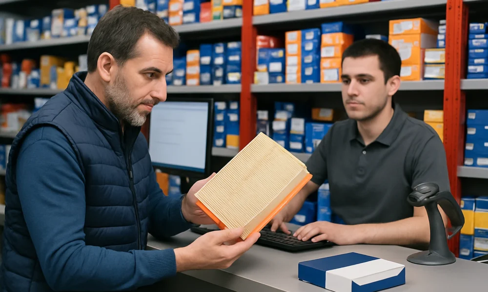 lient professionnel examinant une pièce auto dans un magasin spécialisé