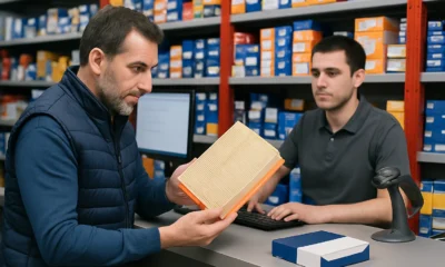 lient professionnel examinant une pièce auto dans un magasin spécialisé