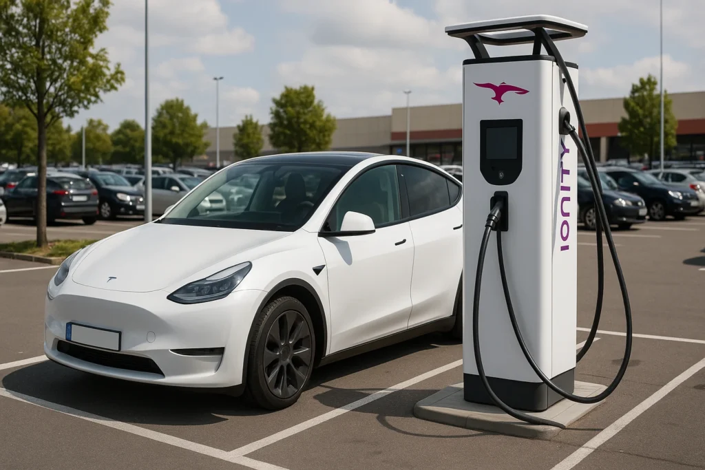 Une borne de recharge publique Ionity moderne avec une Tesla Model Y branchée, dans un parking de centre commercial
