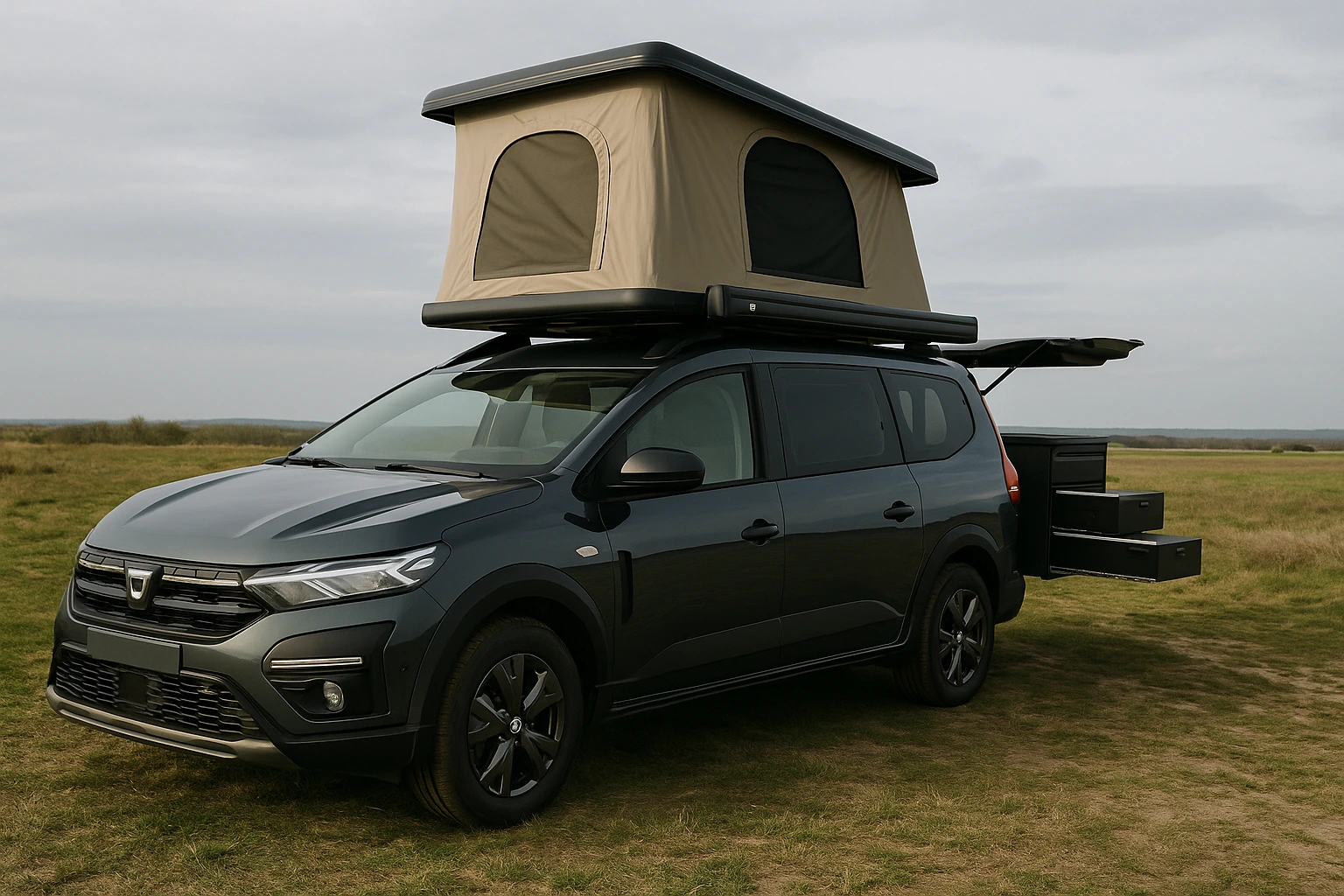 acia Sandman camping-car aménagé avec tente de toit, stationné sur un champ