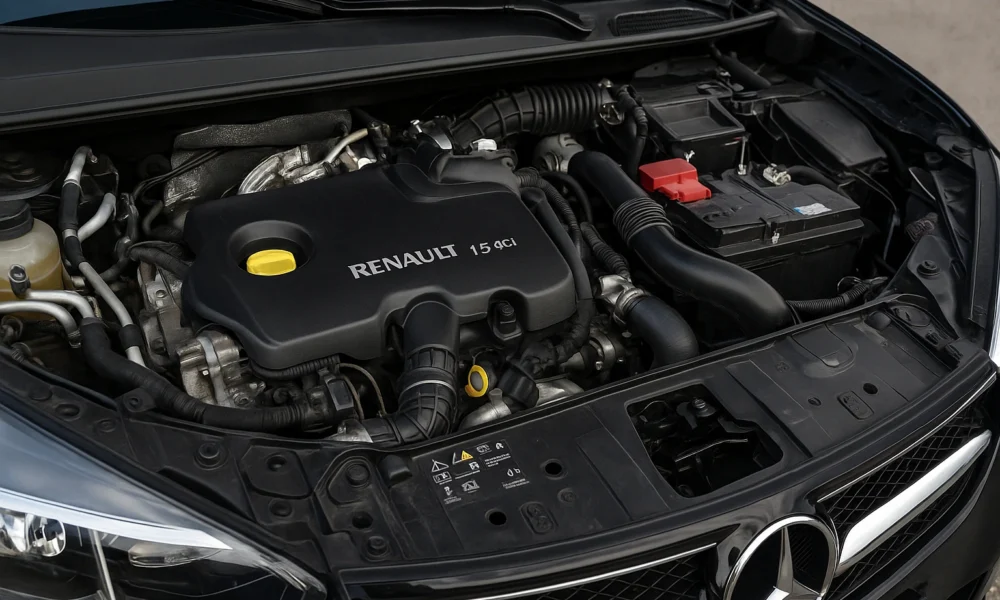 Moteur Renault monté dans un véhicule Mercedes en atelier