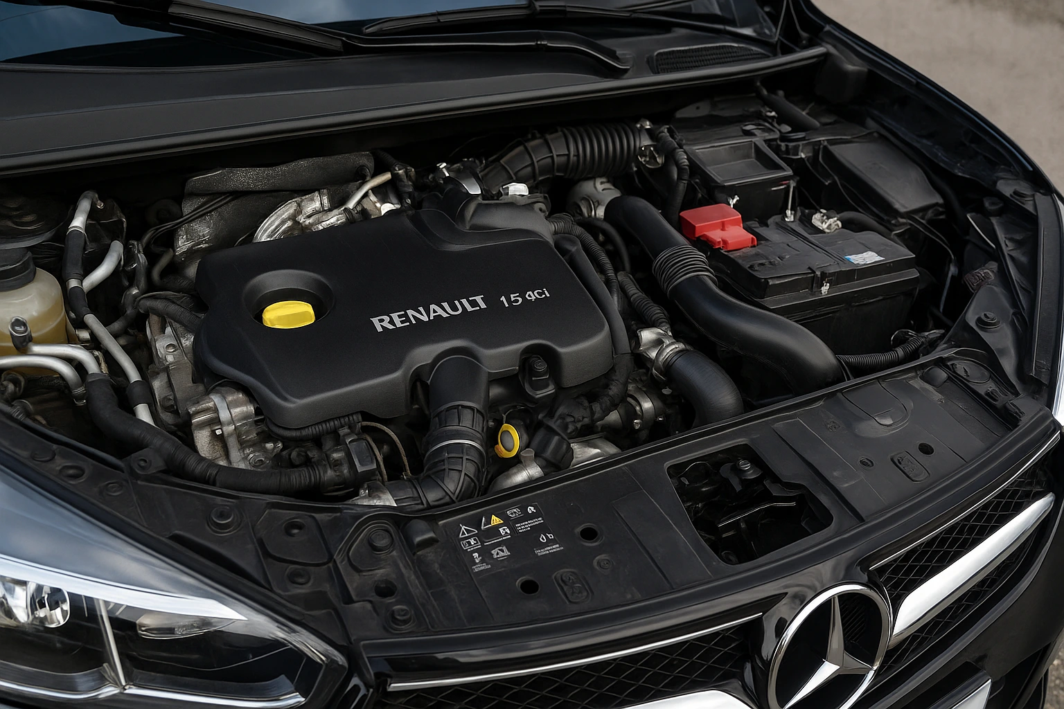 Moteur Renault monté dans un véhicule Mercedes en atelier