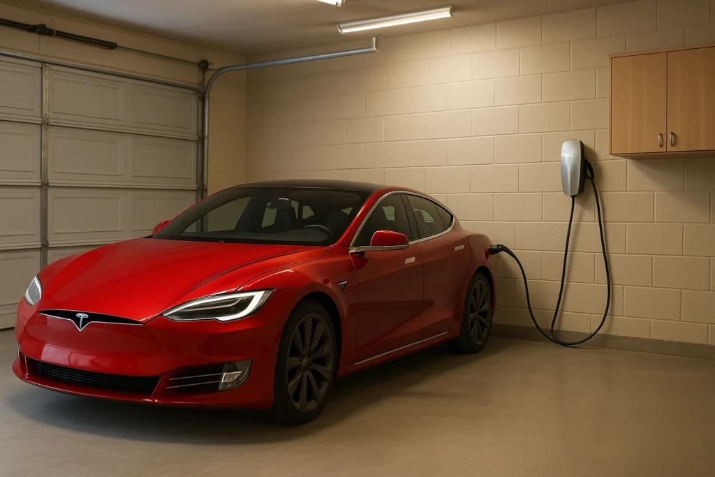 Intérieur d’un garage résidentiel avec une Tesla Model S rouge connectée à une borne murale Tesla Wall Connector