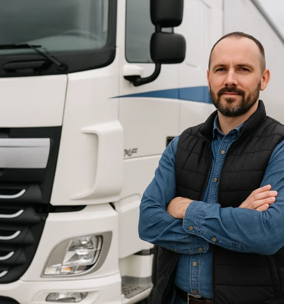 Conducteur poids lourd devant camion sur le site hub pro transport