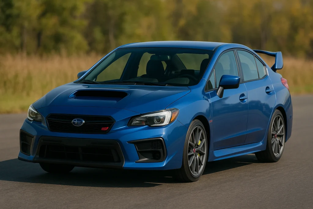 Subaru STI avec kit Prodrive performance Pack sur route dégagée en pleine accélération