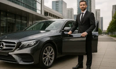 Voiture pour VTC haut de gamme avec chauffeur en costume, garée devant un bâtiment moderne