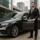 Voiture pour VTC haut de gamme avec chauffeur en costume, garée devant un bâtiment moderne