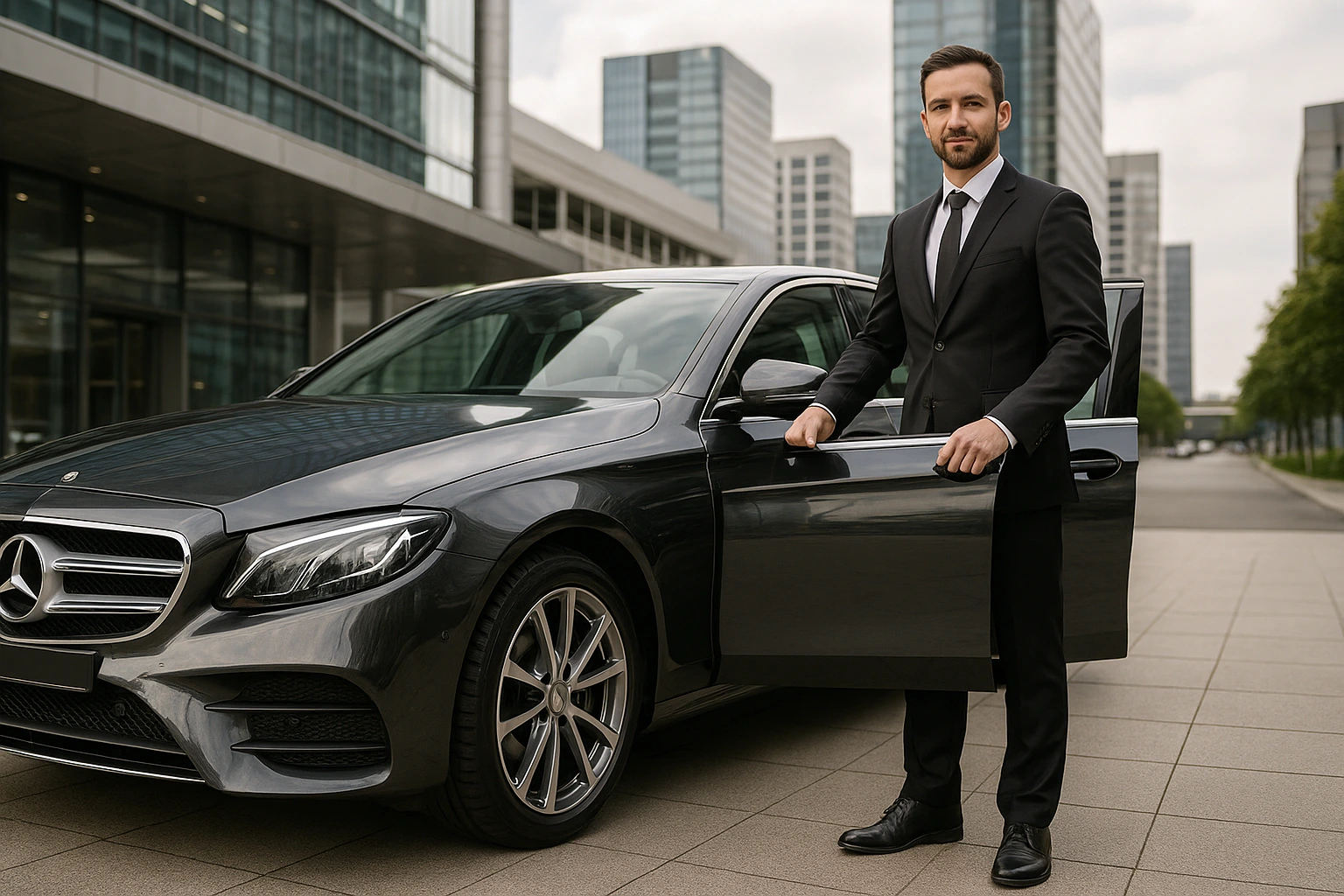 Voiture pour VTC haut de gamme avec chauffeur en costume, garée devant un bâtiment moderne