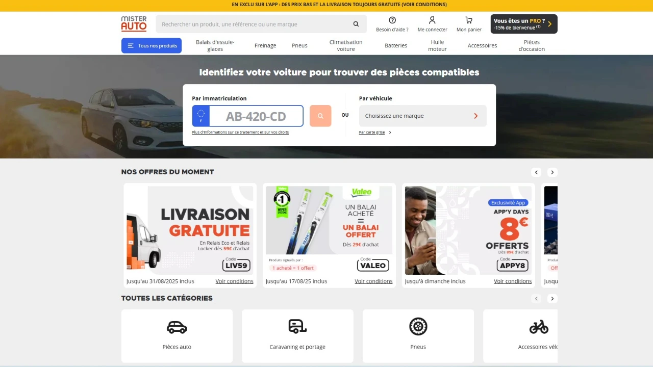 Mister-Auto : votre partenaire pièces auto à prix mini interface du site internet Mister-Auto.com
