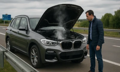 BMW X3 gris en panne capot ouvert vapeur moteur route française