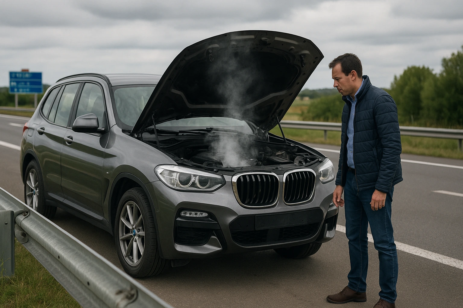 BMW X3 Pannes : Le Guide Complet des Problèmes Fréquents BMW X3 gris en panne capot ouvert vapeur moteur route française