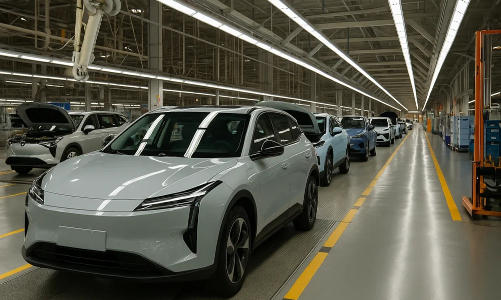 Usine automobile chinoise avec SUV électrique gris en cours d’assemblage