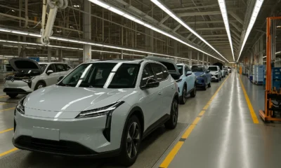 Usine automobile chinoise avec SUV électrique gris en cours d’assemblage