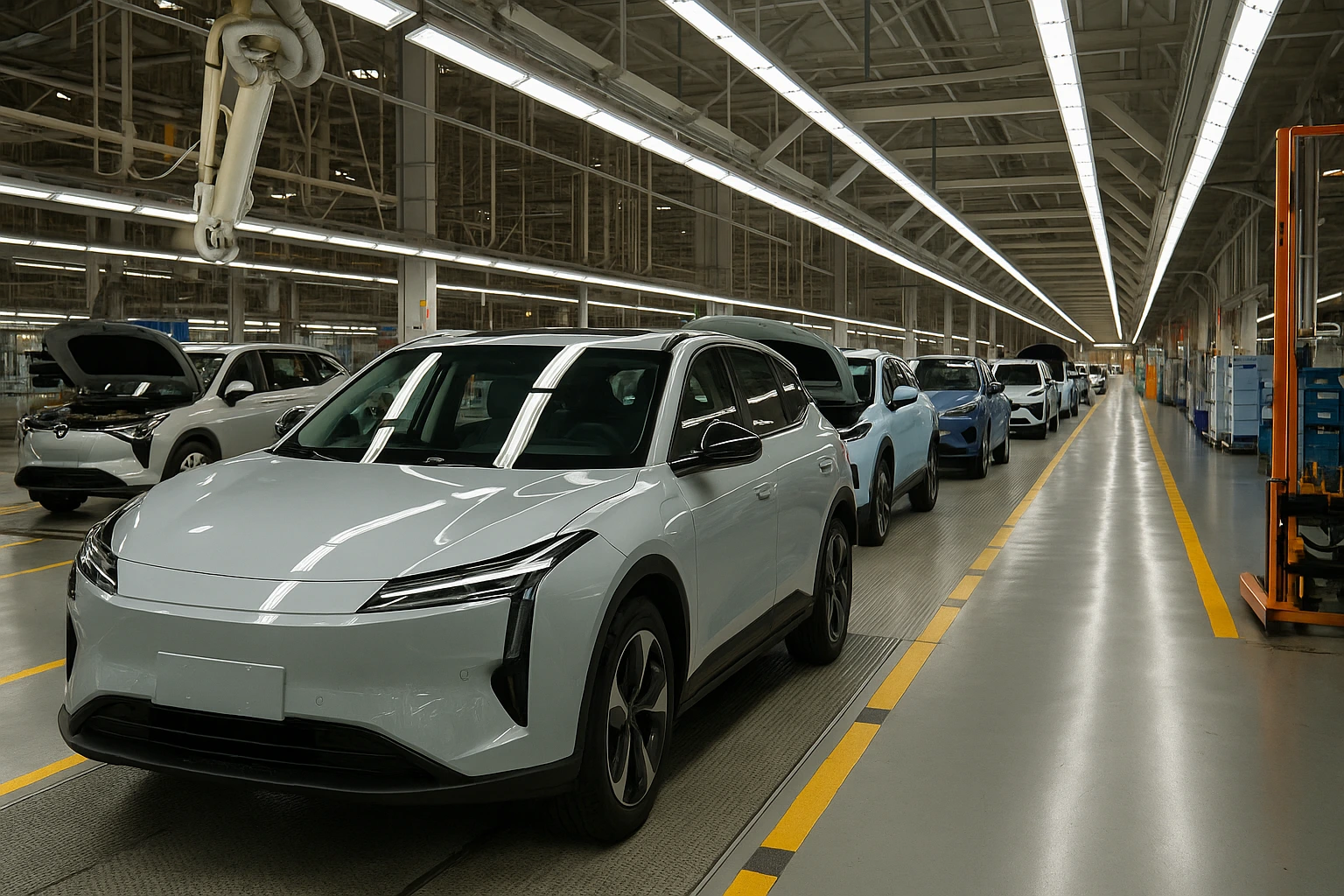 Usine automobile chinoise avec SUV électrique gris en cours d’assemblage
