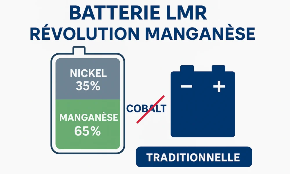 infographie ou un schéma technique montrant la répartition des composants de la nouvelle batterie "LMR" : 65% de manganèse, 35% de nickel, avec une élimination quasi-totale du cobalt