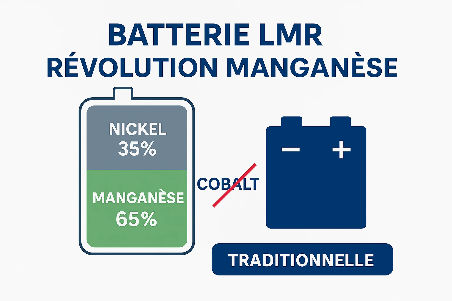 Nouvelle batterie LMR : GM révolutionne l'électrique infographie ou un schéma technique montrant la répartition des composants de la nouvelle batterie "LMR" : 65% de manganèse, 35% de nickel, avec une élimination quasi-totale du cobalt