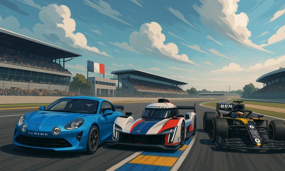 Voitures de course françaises – Alpine bleue, Peugeot Hypercar et Renault F1 – sur un circuit en France avec drapeaux et tribunes