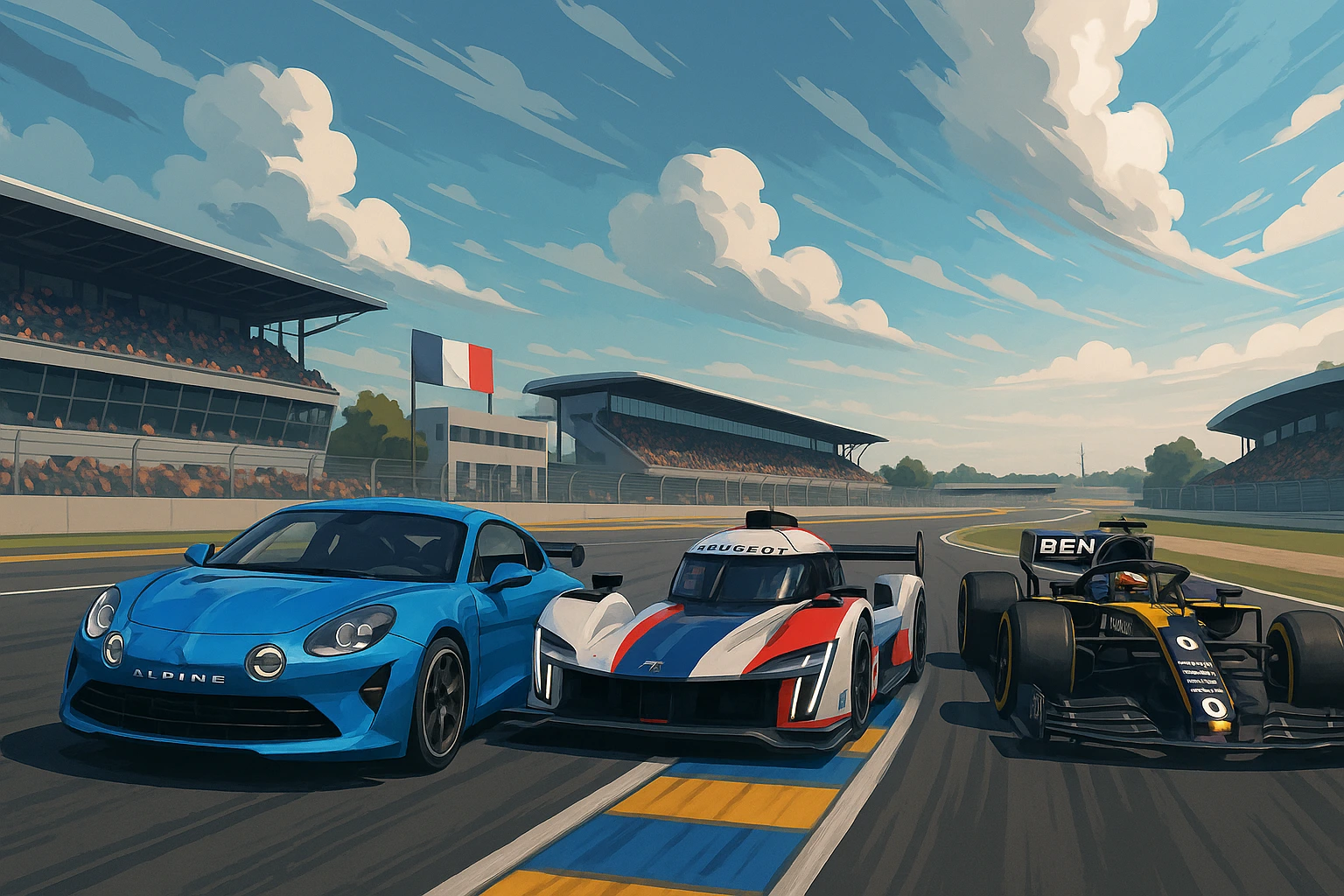 Constructeurs auto en sports mécaniques Voitures de course françaises – Alpine bleue, Peugeot Hypercar et Renault F1 – sur un circuit en France avec drapeaux et tribunes