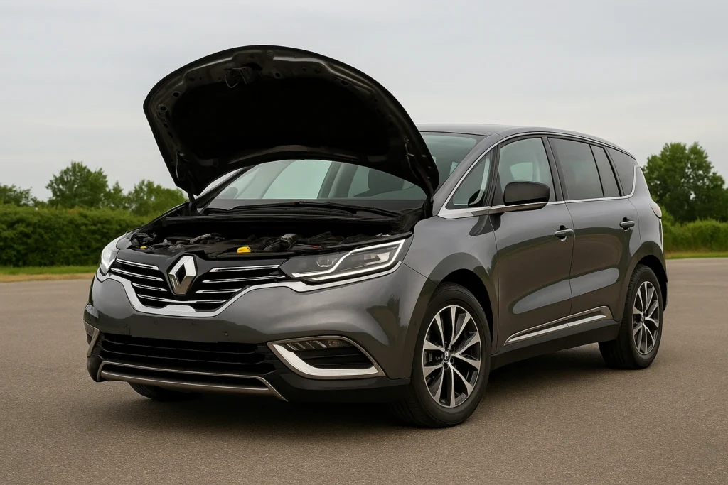 Capot ouvert du Renault Espace 5, vue extérieure montrant le compartiment moteur