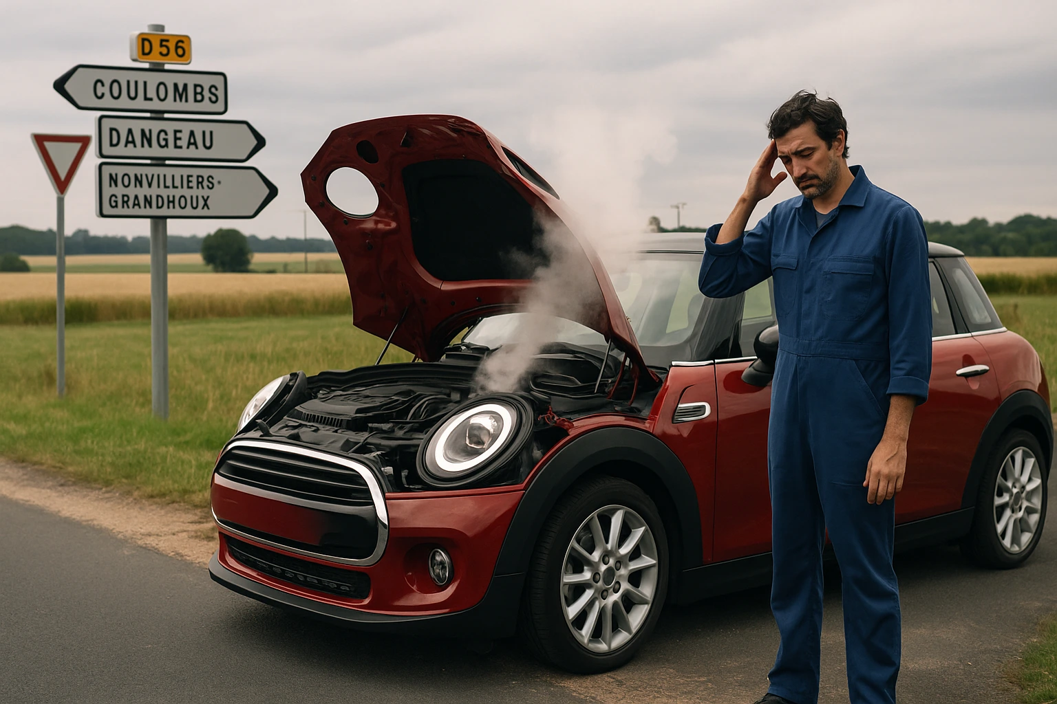 Mini Cooper : 3 modèles qui vont vous ruiner Mini Cooper rouge en panne capot ouvert vapeur mécanicien français route