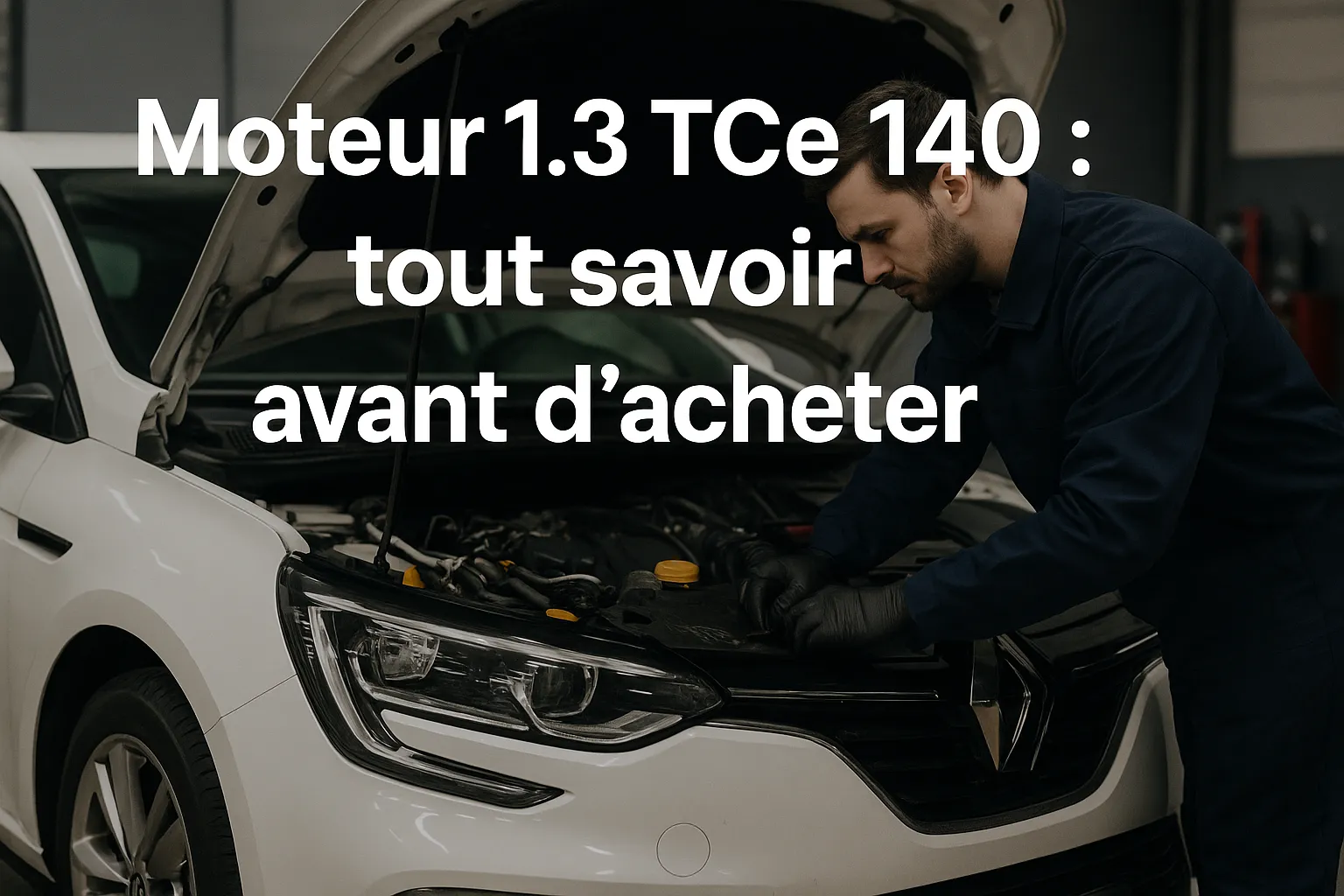 Moteur 1.3 TCe 140 : fiabilité, années à surveiller et comparatif un garagiste qui contrôle un moteur 1.3 TCe 140 sur une Renault Megane blanche