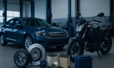 Garage moderne avec voiture, moto et pièces détachées illustrant Motointegrator