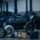 Garage moderne avec voiture, moto et pièces détachées illustrant Motointegrator