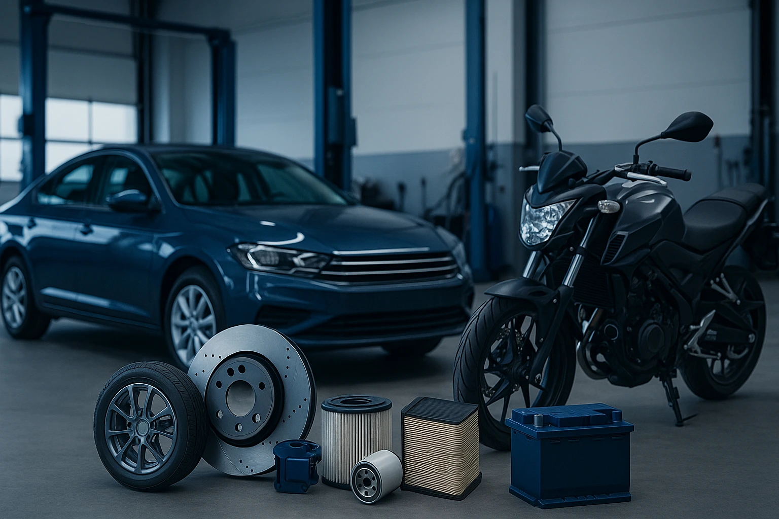 Motointegrator : la plateforme auto-moto à connaître Garage moderne avec voiture, moto et pièces détachées illustrant Motointegrator