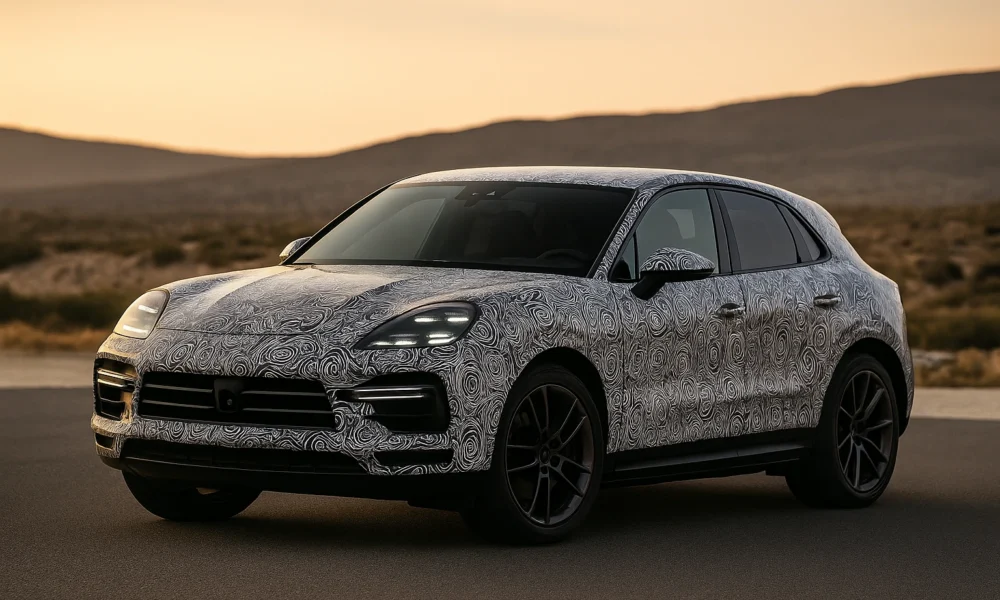 Prototype SUV Porsche camouflé sur route au coucher du soleil