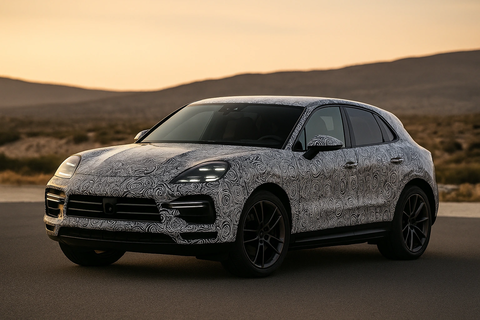 Prototype SUV Porsche camouflé sur route au coucher du soleil