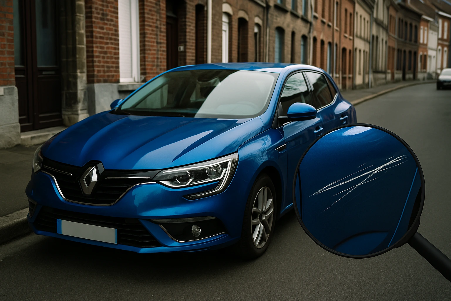 Voiture Renault Mégane bleue rayée retrouvée sur leboncoin à Lille
