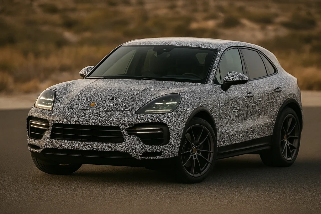 Gros plan sur un prototype SUV Porsche camouflé en test