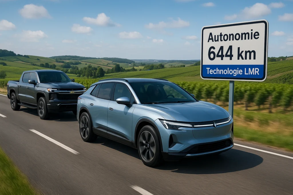 Nouvelle batterie LMR : GM révolutionne l'électrique photo montrant les futurs SUV et pickups GM (comme le Chevrolet Silverado EV) qui bénéficieront de cette nouvelle batterie "LMR", avec mise en avant de l'autonomie de plus de 400 miles (644+ km)
