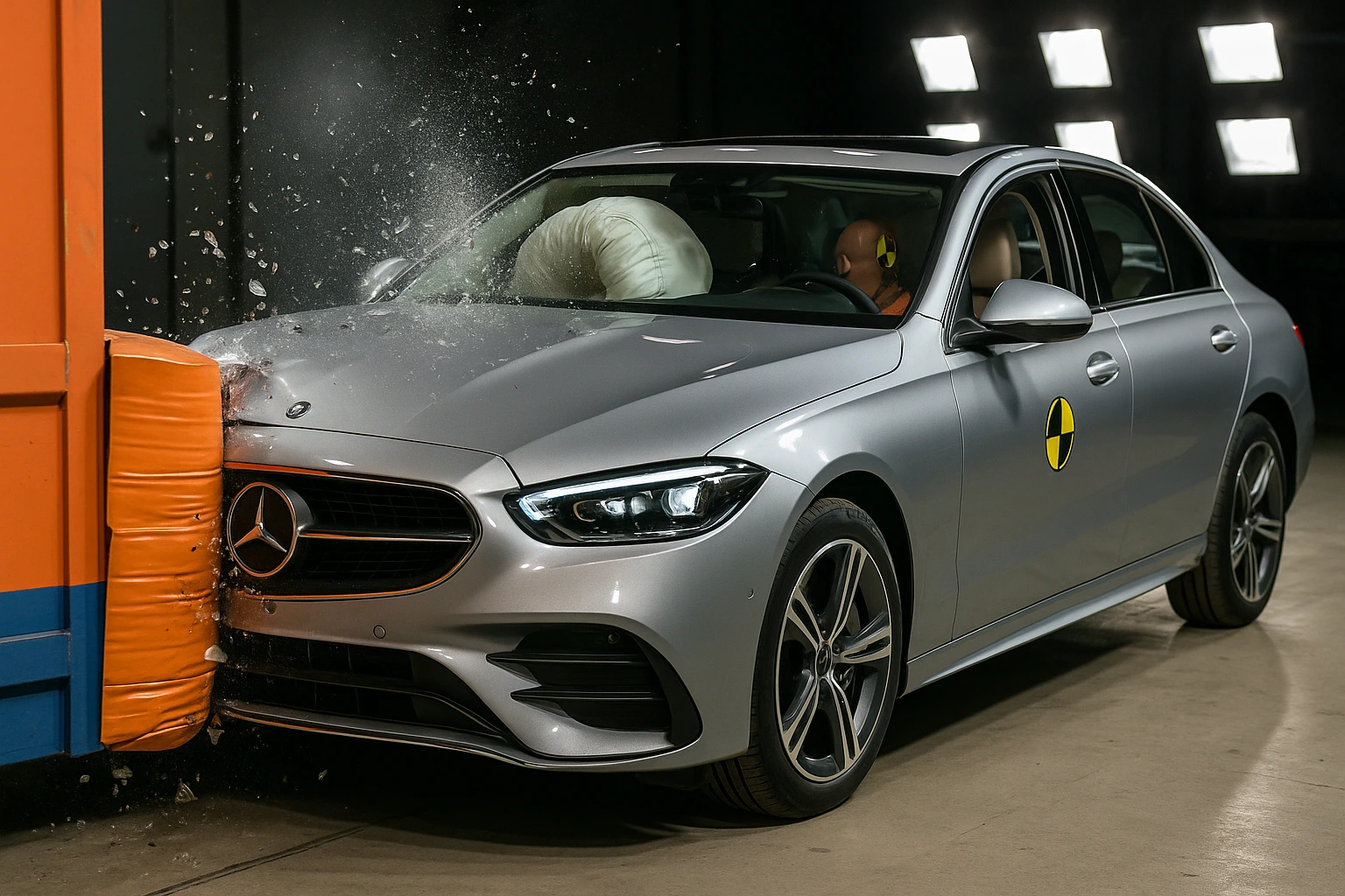 une merdeces classe E qui passe au crash test